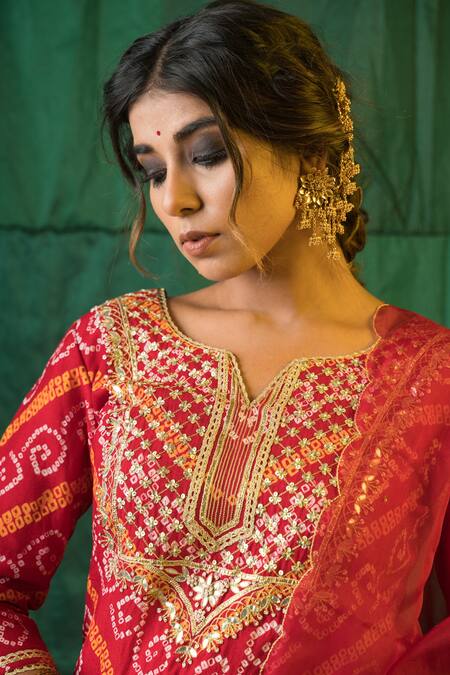 Ruchira Nangalia_Red Crepe And Organza Lining Cotton Bandhani, Gota Patti Print Kurta Sharara Set_at_Aza_Fashions