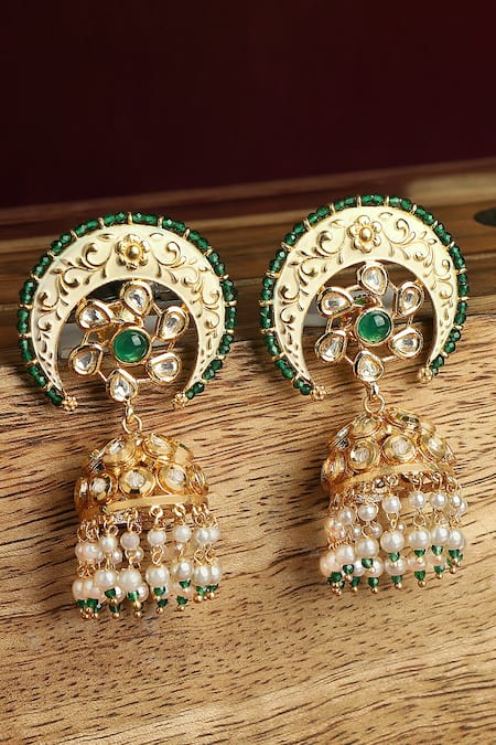Tizora_Gold Plated Fabric Flowers, Stones, Pearls Meenakari Engraved Jhumkas _Online_at_Aza_Fashions