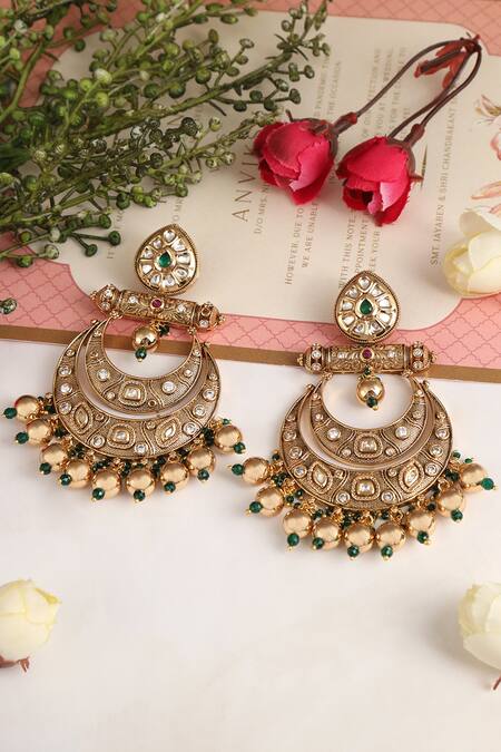 Tizora Gold Plated Stones, Diamonds Antique Tiered Chandbalis Online at Aza Fashions Tizora_Gold Plated Stones, Diamonds Antique Tiered Chandbalis _Online_at_Aza_Fashions