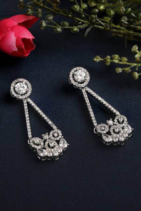 Tizora White Fabric Flowers Studded Drop Earrings Online at Aza Fashions Tizora_White Fabric Flowers Studded Drop Earrings _Online_at_Aza_Fashions