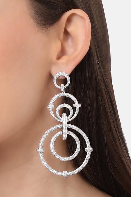 Tizora_White Fabric Flowers Tiered Circle Motif Danglers _Online_at_Aza_Fashions