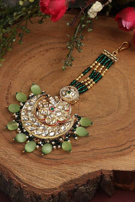 Tizora_Gold Plated Crescent Moon Motif Maangtikka _Online_at_Aza_Fashions