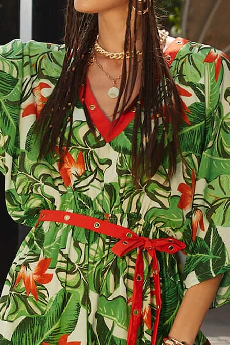 Buy_Esha L Amin_Green Crepe Leaf Motifs V Neck Printed Romper _Online_at_Aza_Fashions