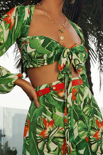 Buy_Esha L Amin_Green Crepe Leaf Motifs Sweetheart Neck Printed Top And Ruffle Skirt Set_Online_at_Aza_Fashions