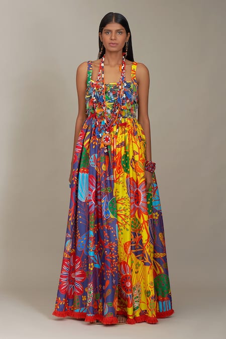 Payal Jain_Multi Color Cotton Silk Floral, Bead Square Neck Print Dress _Online_at_Aza_Fashions