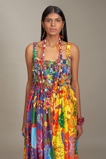 Buy_Payal Jain_Multi Color Cotton Silk Floral, Bead Square Neck Print Dress _Online_at_Aza_Fashions