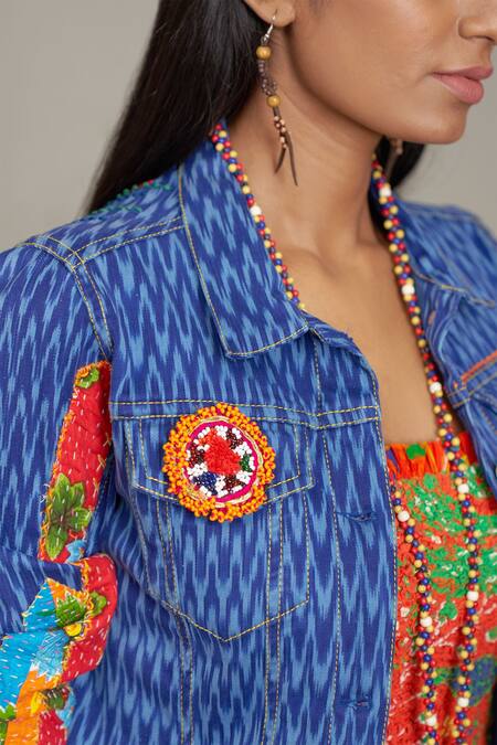 Buy_Payal Jain_Blue Denim Woven Ikat Shirt Collar Bikers Patchwork Jacket_Online_at_Aza_Fashions