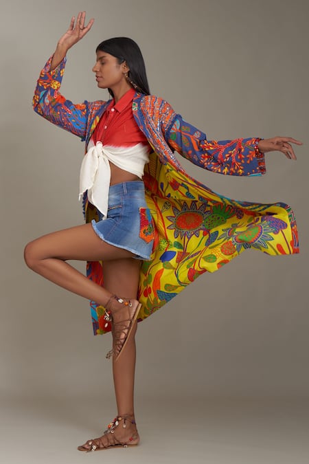 Payal Jain_Multi Color Linen Printed Forest Open Jacket_Online_at_Aza_Fashions
