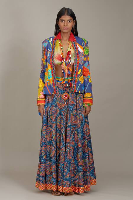 Payal Jain_Blue Linen Printed Floral Open Reversible Jacket_Online_at_Aza_Fashions