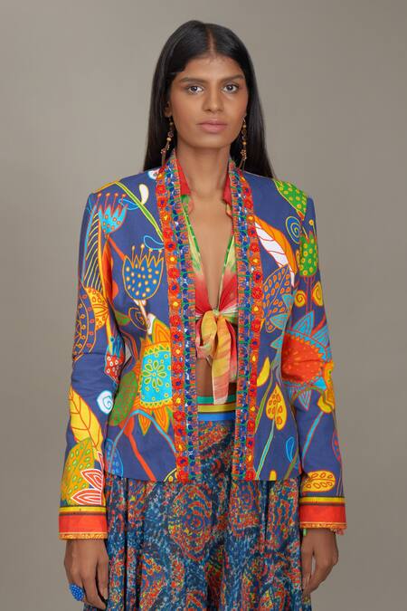 Shop_Payal Jain_Blue Linen Printed Floral Open Reversible Jacket_Online_at_Aza_Fashions