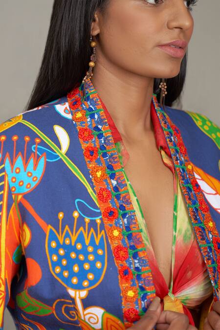 Payal Jain_Blue Linen Printed Floral Open Reversible Jacket_at_Aza_Fashions