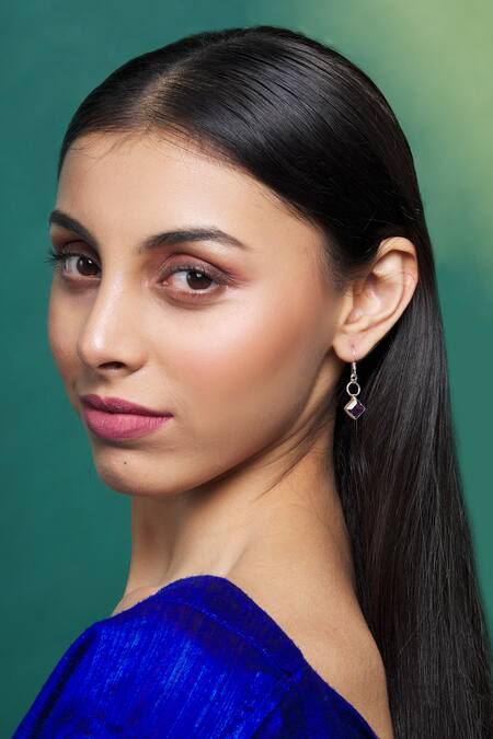 Samyukta Singhania_Silver Plated Amethyst Stone Danglers_Online_at_Aza_Fashions