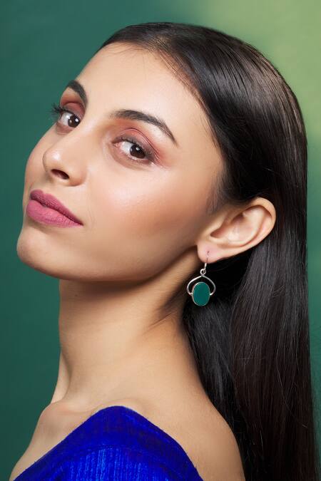 Samyukta Singhania_Silver Plated Green Onyx Stone Studded Earrings_Online_at_Aza_Fashions