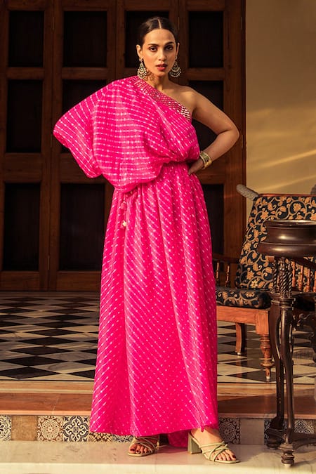 Shop_Pink City by Sarika_Pink Silk Leheriya One Shoulder Dress _at_Aza_Fashions