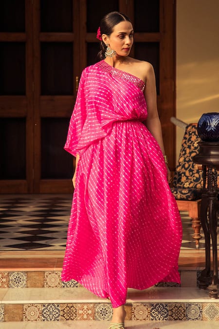 Pink City by Sarika_Pink Silk Leheriya One Shoulder Dress _Online_at_Aza_Fashions