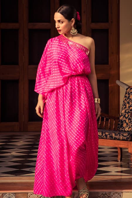 Buy_Pink City by Sarika_Pink Silk Leheriya One Shoulder Dress _Online_at_Aza_Fashions