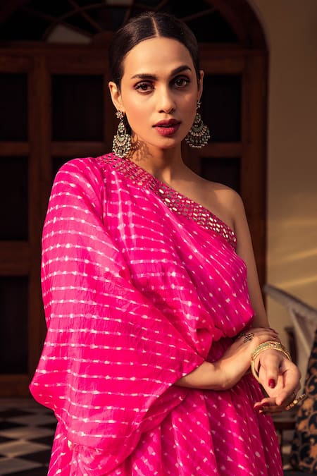 Shop_Pink City by Sarika_Pink Silk Leheriya One Shoulder Dress _Online_at_Aza_Fashions