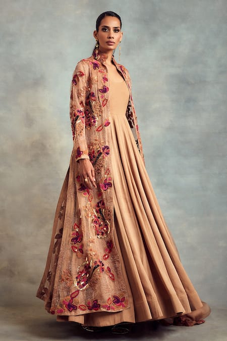 Nikita Mhaisalkar Peach Anarkali Double Georgette, Churidar Lycra Net, Embroidered And Set 