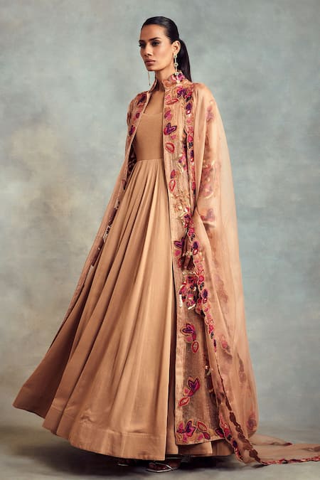 Nikita Mhaisalkar_Peach Anarkali Double Georgette, Churidar Lycra Net, Embroidered And Set_Online_at_Aza_Fashions