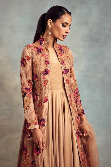 Shop_Nikita Mhaisalkar_Peach Anarkali Double Georgette, Churidar Lycra Net, Embroidered And Set_Online_at_Aza_Fashions