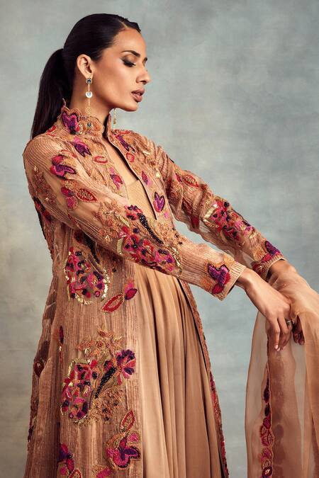 Nikita Mhaisalkar_Peach Anarkali Double Georgette, Churidar Lycra Net, Embroidered And Set_at_Aza_Fashions