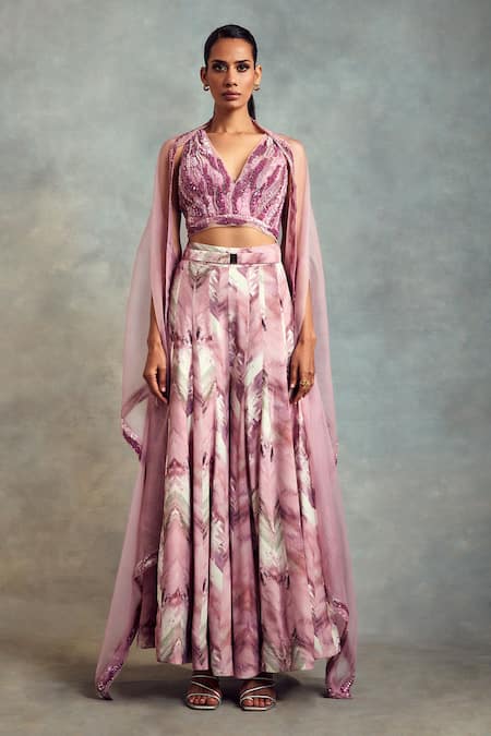 Nikita Mhaisalkar - Purple Top Tulle Printed V Neck Embroidered Kurta Set  For Women