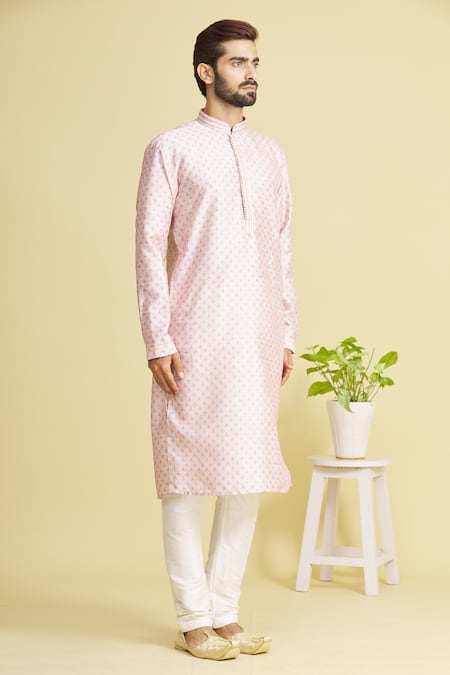 Arihant Rai Sinha_Peach Silk Embroidery Floral Motif Print Kurta _Online_at_Aza_Fashions