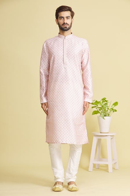 Buy_Arihant Rai Sinha_Peach Silk Embroidery Floral Motif Print Kurta _Online_at_Aza_Fashions