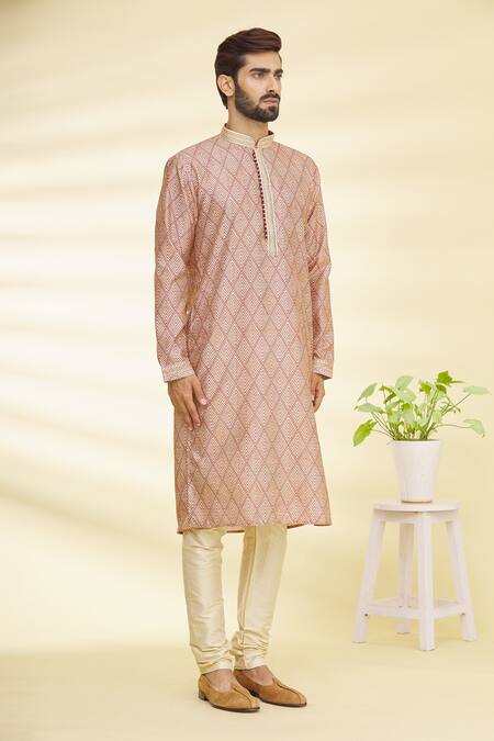 Arihant Rai Sinha_Beige Silk Embroidery Geometric Motif Print Straight Kurta _Online_at_Aza_Fashions