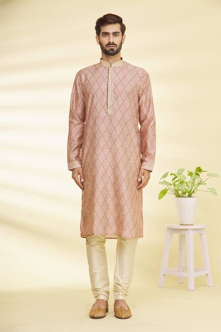 Buy_Arihant Rai Sinha_Beige Silk Embroidery Geometric Motif Print Straight Kurta _Online_at_Aza_Fashions