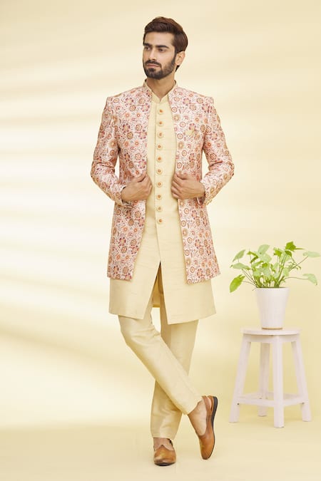 Arihant Rai Sinha Peach Art Banarasi Silk Printed Floral Jacket And Kurta Set