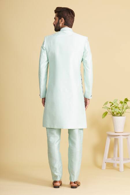 Arihant Rai Sinha_Green Silk Embroidery Floral Print Sherwani Set _Online_at_Aza_Fashions