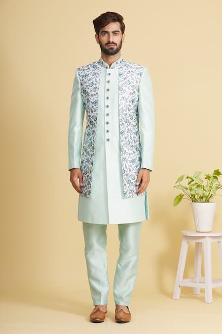 Buy_Arihant Rai Sinha_Green Silk Embroidery Floral Print Sherwani Set _Online_at_Aza_Fashions