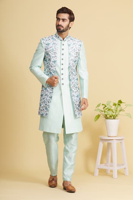 Shop_Arihant Rai Sinha_Green Silk Embroidery Floral Print Sherwani Set _Online_at_Aza_Fashions