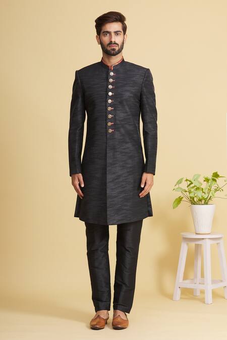 Buy_Arihant Rai Sinha_Black Silk, Brocade Embroidery Sherwani And Printed Jacket Set _Online_at_Aza_Fashions