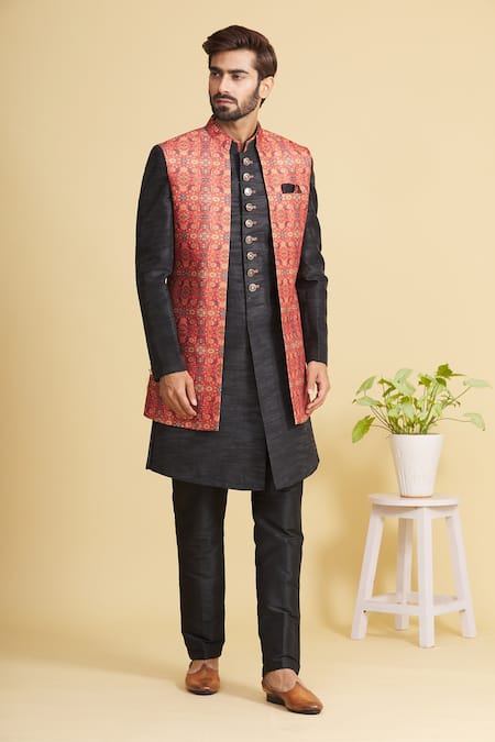 Shop_Arihant Rai Sinha_Black Silk, Brocade Embroidery Sherwani And Printed Jacket Set _Online_at_Aza_Fashions