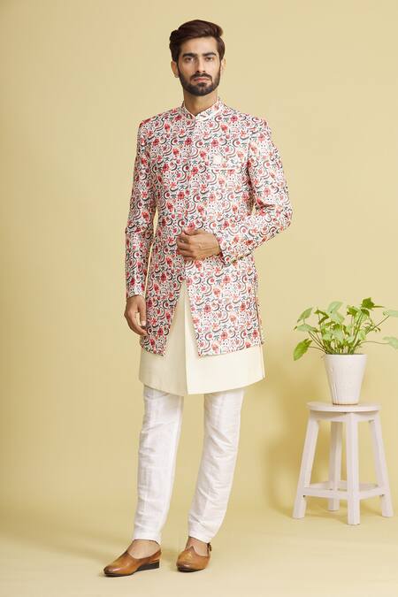 Arihant Rai Sinha Beige Art Banarasi Silk Printed Floral Bandhgala Set
