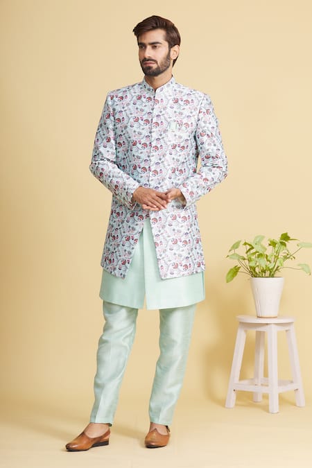 Arihant Rai Sinha Green Art Banarasi Silk Printed Floral Bandhgala Set