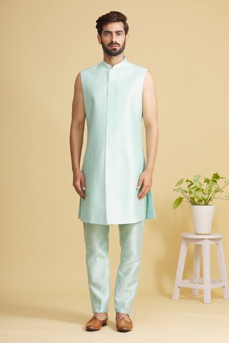 Arihant Rai Sinha_Green Silk Embroidery Floral Print Bandhgala Set _Online_at_Aza_Fashions