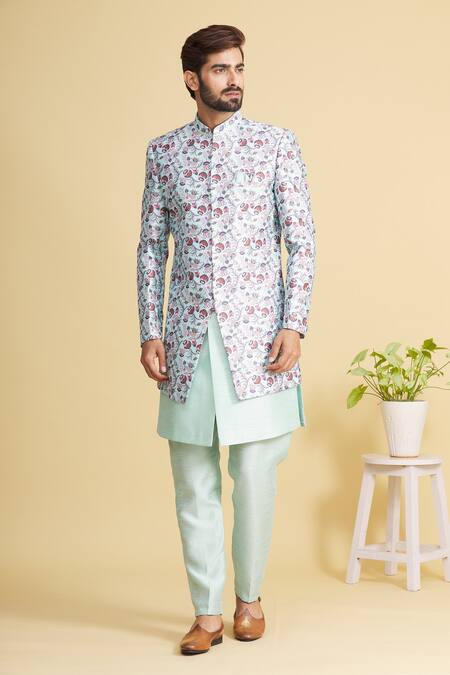Buy_Arihant Rai Sinha_Green Silk Embroidery Floral Print Bandhgala Set _Online_at_Aza_Fashions