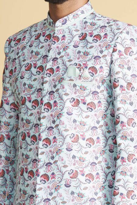 Shop_Arihant Rai Sinha_Green Silk Embroidery Floral Print Bandhgala Set _Online_at_Aza_Fashions