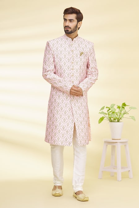 Arihant Rai Sinha Pink Art Banarasi Silk Printed Floral Sherwani Set
