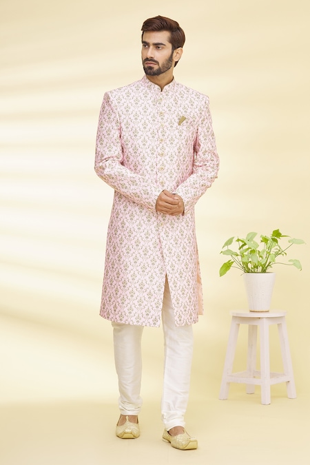 Arihant Rai Sinha Pink Silk, Satin, Cotton Embroidery Floral Print Sherwani Set 