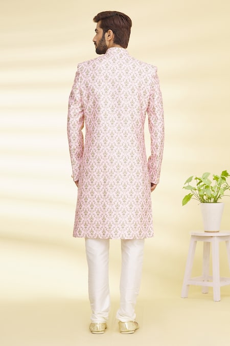 Arihant Rai Sinha_Pink Silk, Satin, Cotton Embroidery Floral Print Sherwani Set _Online_at_Aza_Fashions