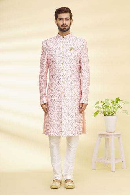 Buy_Arihant Rai Sinha_Pink Silk, Satin, Cotton Embroidery Floral Print Sherwani Set _Online_at_Aza_Fashions