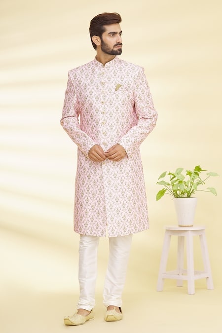 Shop_Arihant Rai Sinha_Pink Silk, Satin, Cotton Embroidery Floral Print Sherwani Set _Online_at_Aza_Fashions