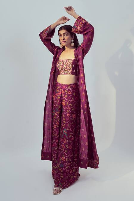 Shop Drishti & Zahabia Purple Dupion Silk Dori And Sequin Work, Floral Print Square Neck Jacket Pant Set at Aza Fashions Shop_Drishti & Zahabia_Purple Dupion Silk Dori And Sequin Work, Floral Print Square Neck Jacket Pant Set_at_Aza_Fashions