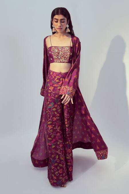 Drishti & Zahabia Purple Dupion Silk Dori And Sequin Work, Floral Print Square Neck Jacket Pant Set Online at Aza Fashions Drishti & Zahabia_Purple Dupion Silk Dori And Sequin Work, Floral Print Square Neck Jacket Pant Set_Online_at_Aza_Fashions
