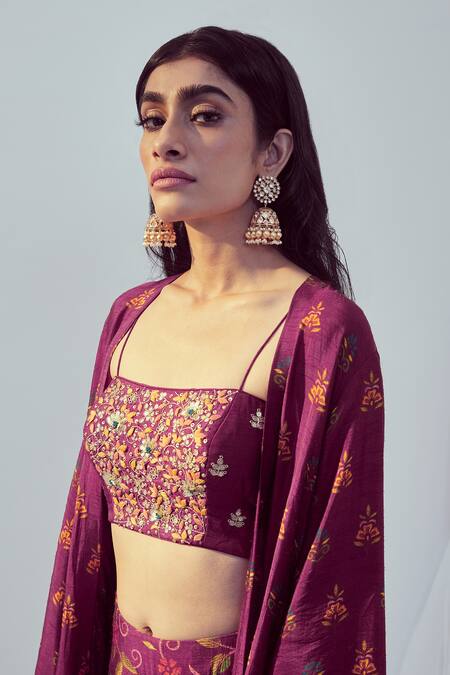 Buy Drishti & Zahabia Purple Dupion Silk Dori And Sequin Work, Floral Print Square Neck Jacket Pant Set Online at Aza Fashions Buy_Drishti & Zahabia_Purple Dupion Silk Dori And Sequin Work, Floral Print Square Neck Jacket Pant Set_Online_at_Aza_Fashions