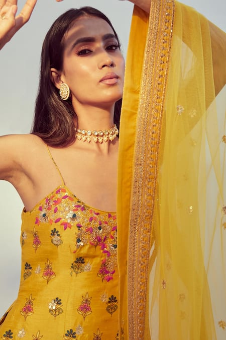 Shop_Drishti & Zahabia_Yellow Dupion Silk And Net Dori & Sequin Work, Embroidered Kurta Sharara Set _Online_at_Aza_Fashions